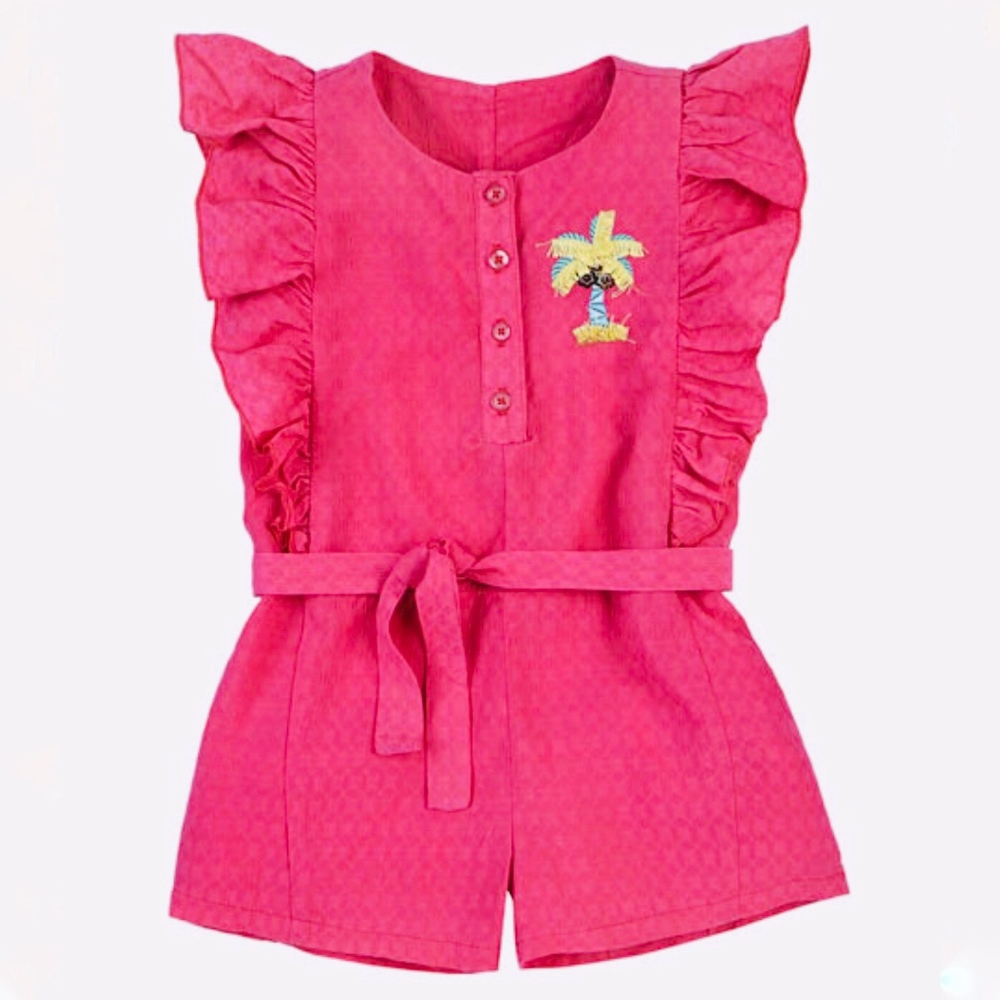 Petit Lem Woven Belted Ruffle Romper, Dark Pink, Size 4T